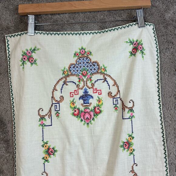 Vintage Cross Stitch Rectangle Table Runner Cover White Blue PInk Floral - Picture 4 of 7